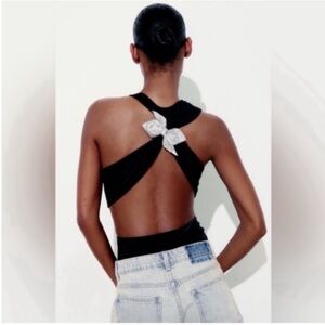 New With Tags Zara Black Cross-Back Bow Tank Top Bodysuit. 🏷️🎀🖤